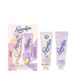 Lanolips front view of the day and night duo packaging showing compact kit and benefits