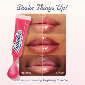 Lanolips applied on lips in Raspberry Crumble, shows glossy natural tint