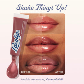 Lanolips swipe on lips revealing sheer caramel tint and instant shine benefit
