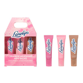 Lanolips front view of three mini tinted balms showing packaging and glossy finish benefit