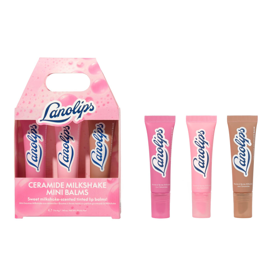 Lanolips front view of three mini tinted balms showing packaging and glossy finish benefit