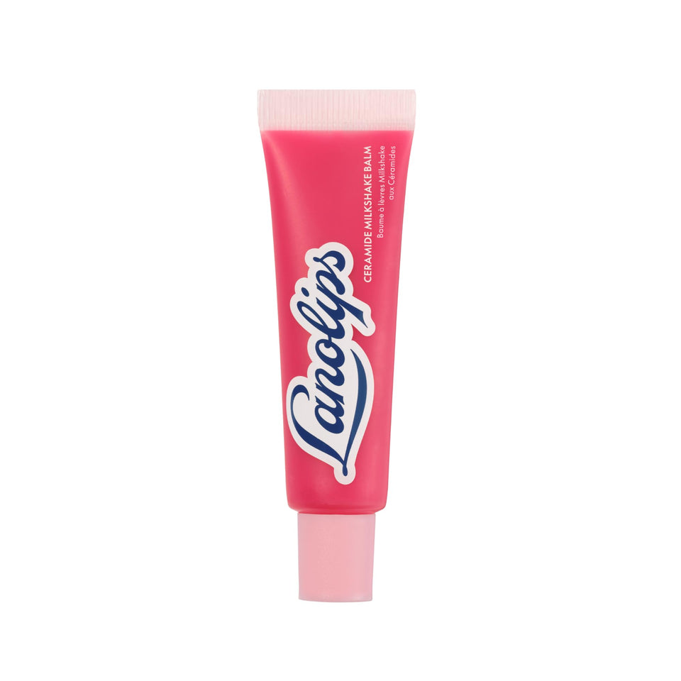 Lanolips front packaging showing ceramide milkshake balm, highlights hydration