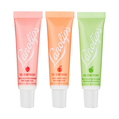 Lanolips front packaging showing three fruity lip balm tins, perfect gift