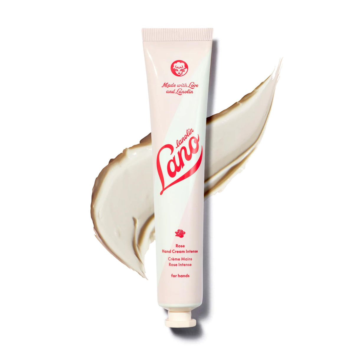 Lanolips front tube showing rose hand cream, convenient travel size and protective formula