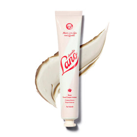 Lanolips front tube showing rose hand cream, convenient travel size and protective formula