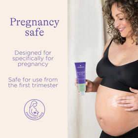Lansinoh applied to pregnant belly providing cooling comfort during stretches