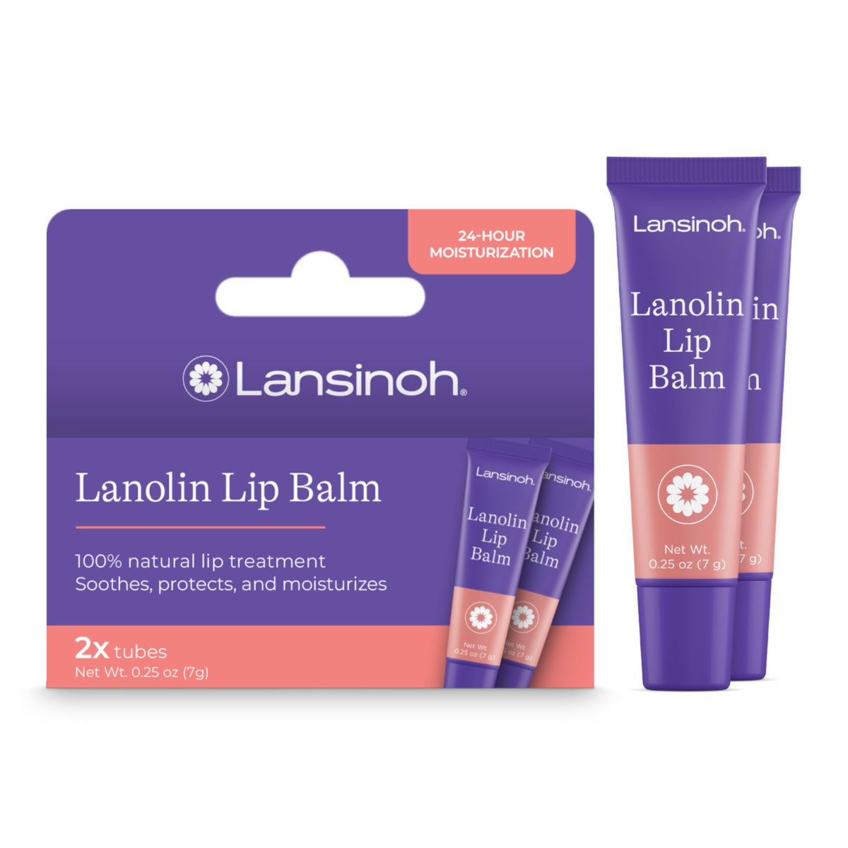 Lansinoh front packaging showing two lip balm tubes for reliable hydration