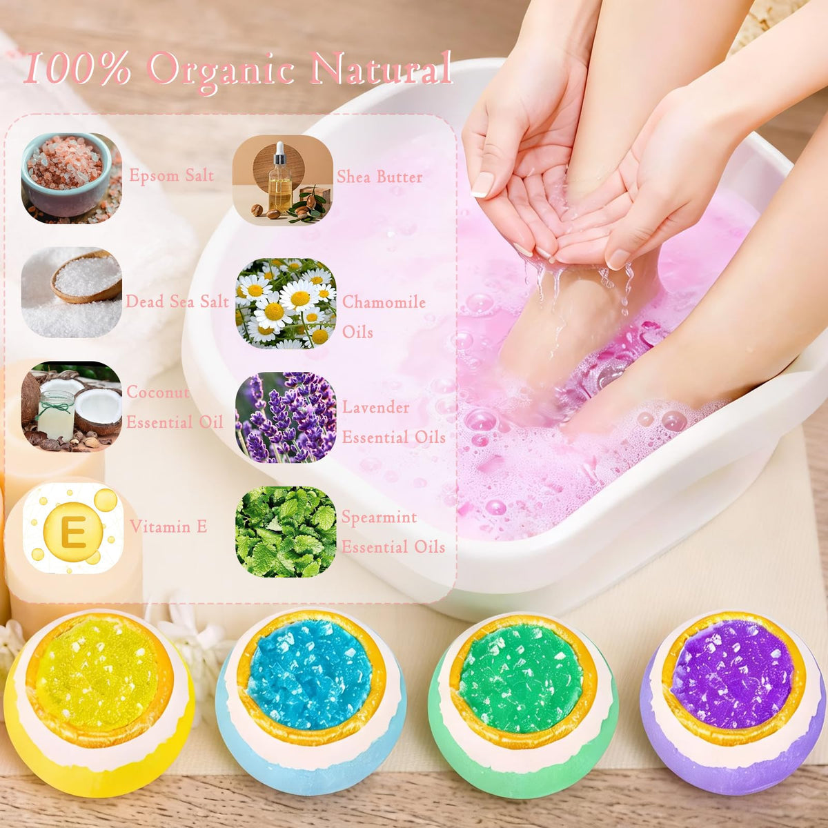 Lanwexy bomb dissolving in foot basin demonstrating vibrant fizz and soothing soak