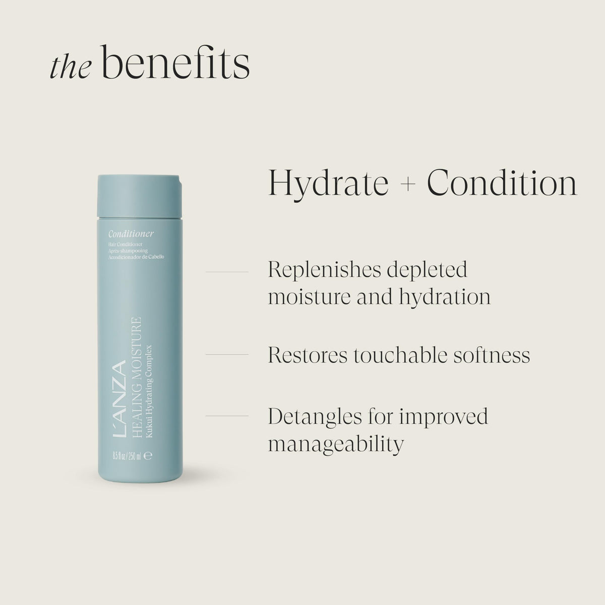 L'ANZA conditioner cream in hand highlighting slip and detangling benefit