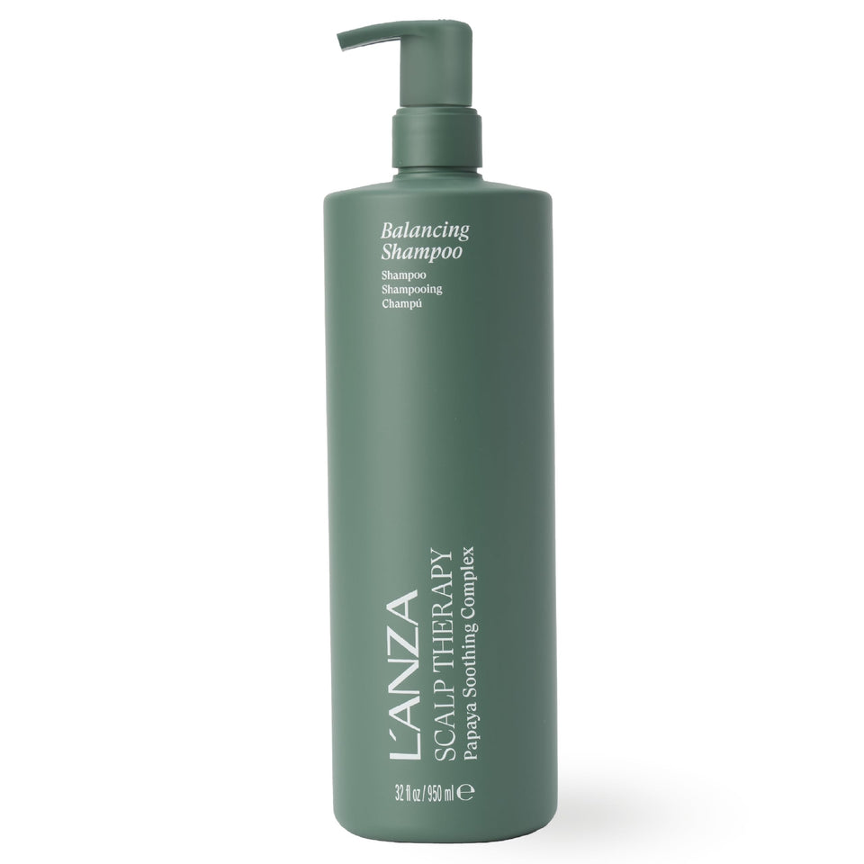 L’ANZA front bottle shows balancing shampoo and easy-pour cap for convenience