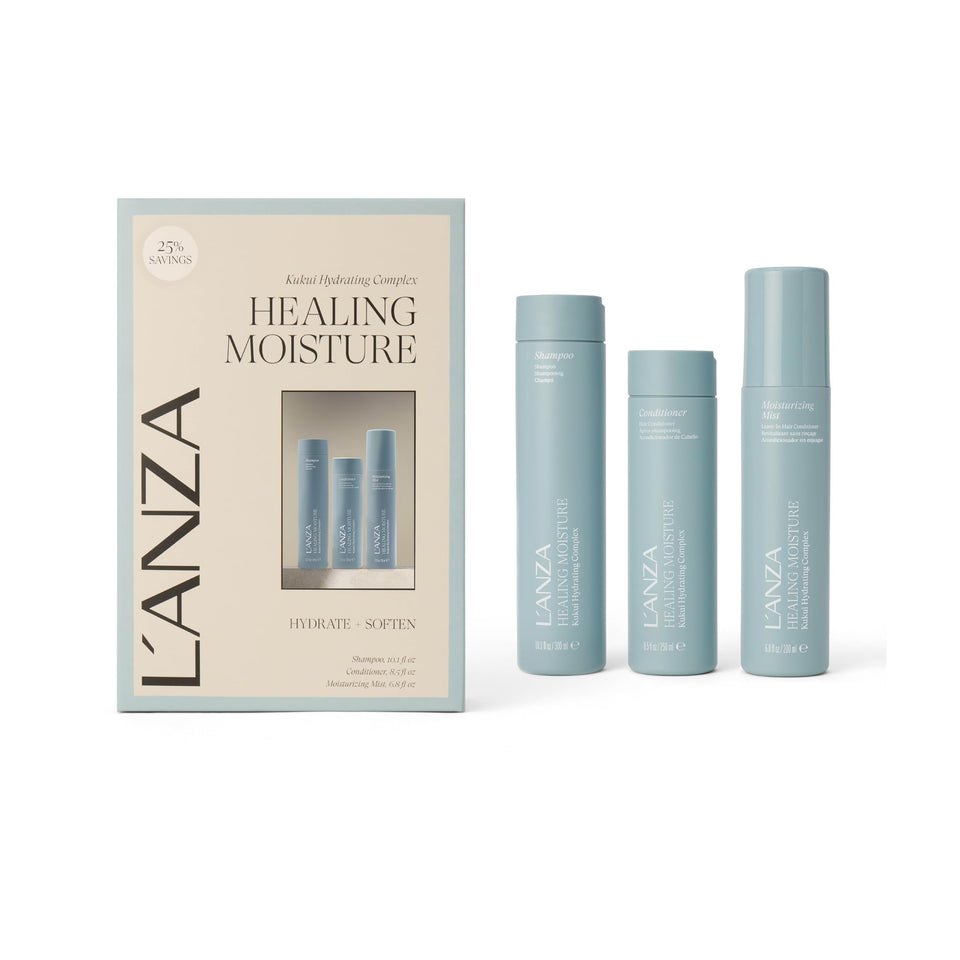 L’ANZA front packaging of healing moisture trio showing kit benefit