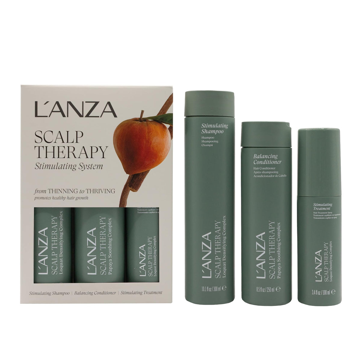 L’ANZA front packaging showing three-piece scalp therapy kit promoting clarity