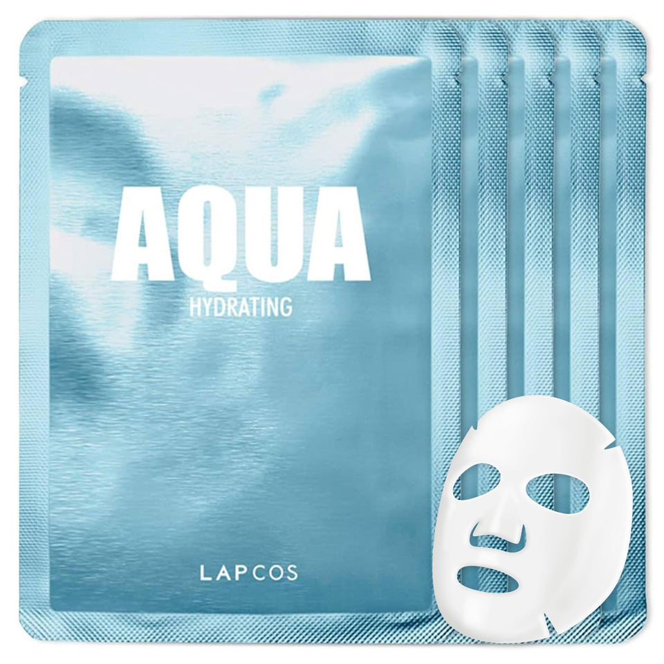 LAPCOS front packaging showing five aqua sheet masks and benefits