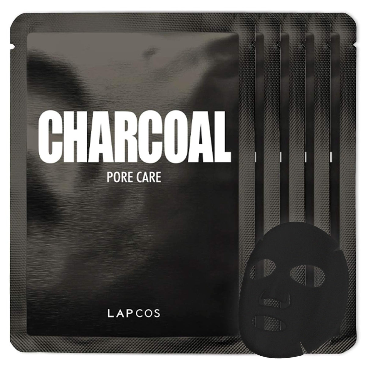 LAPCOS front packaging showing five charcoal sheet masks and clear branding for easy selection
