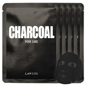 LAPCOS front packaging showing five charcoal sheet masks and clear branding for easy selection