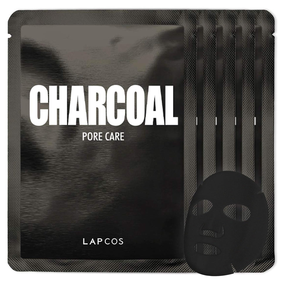 LAPCOS front packaging showing five charcoal sheet masks and clear branding for easy selection