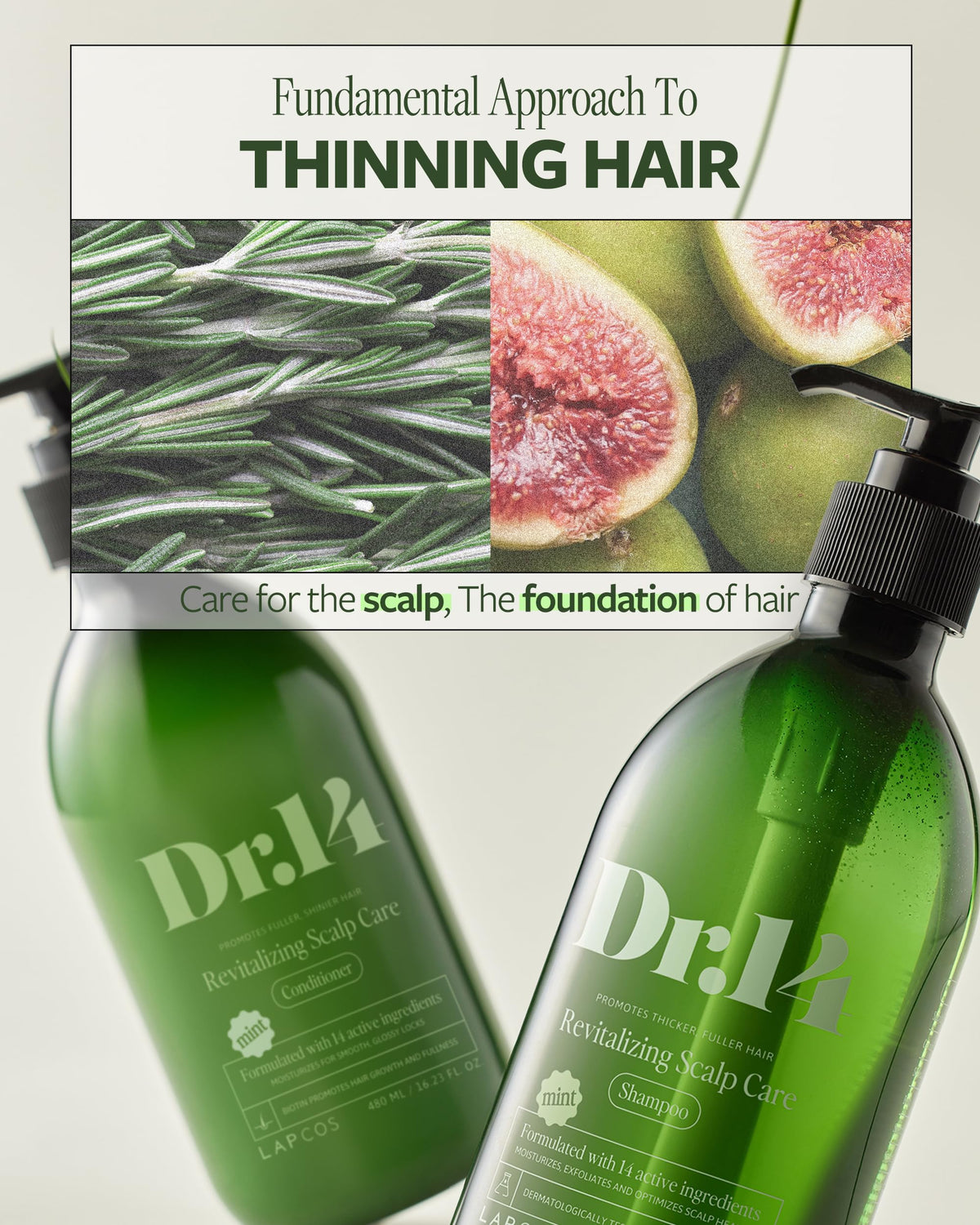 LAPCOS DR.14 pump and label detail highlighting active ingredients for scalp care