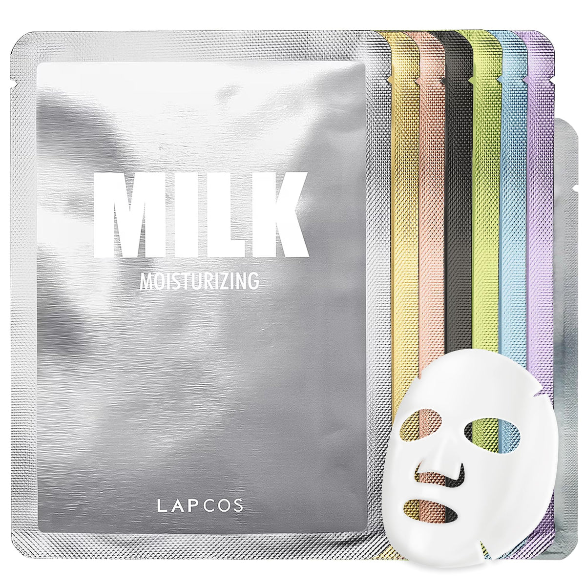 LAPCOS front packaging of eight-piece mask set showing variety and convenience
