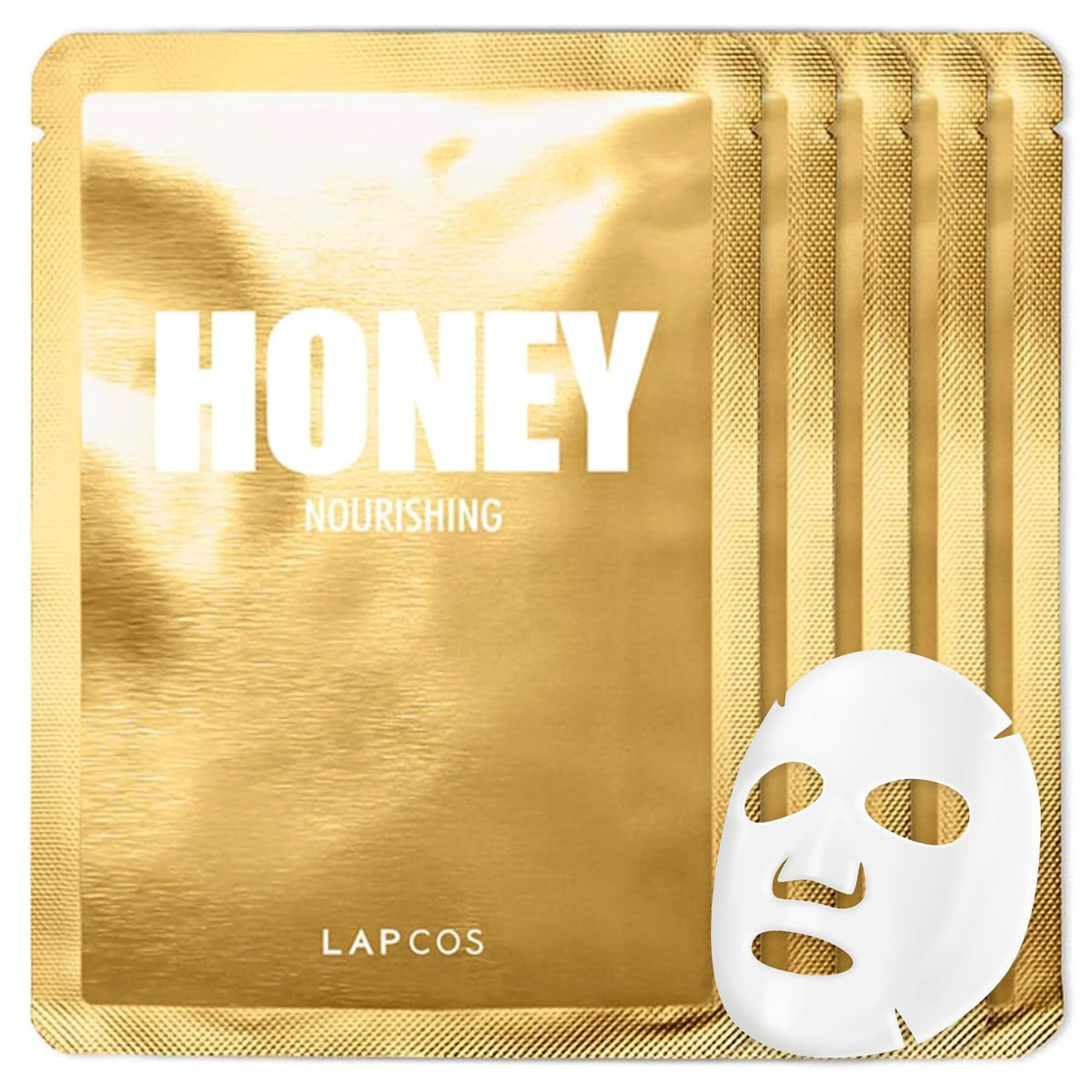LAPCOS front packaging showing five honey sheet masks for easy use