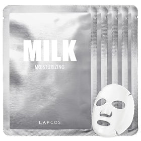 LAPCOS front packaging showing five milk sheet masks and moisturizing benefits
