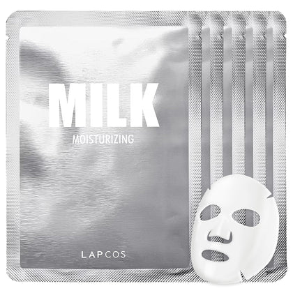 LAPCOS front packaging showing five milk sheet masks and moisturizing benefits