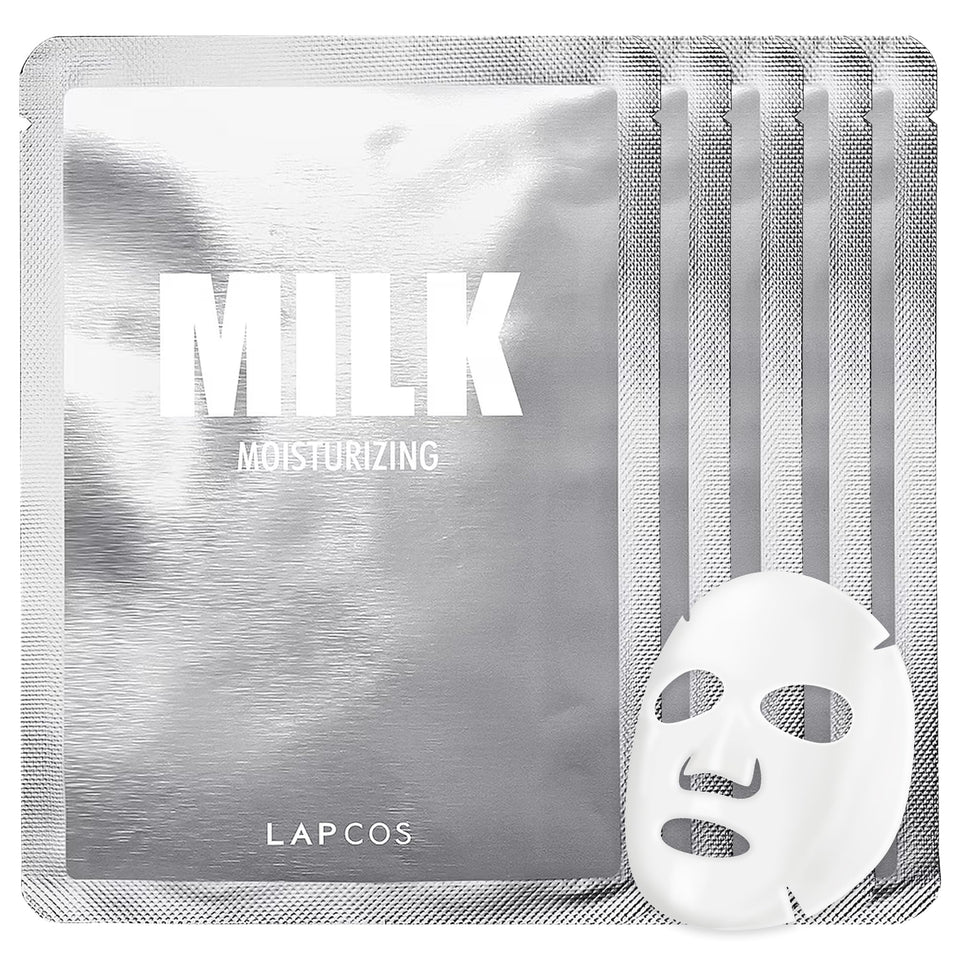 LAPCOS front packaging showing five milk sheet masks and moisturizing benefits