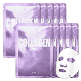 LAPCOS pack front view showing ten collagen sheet masks and branding benefits