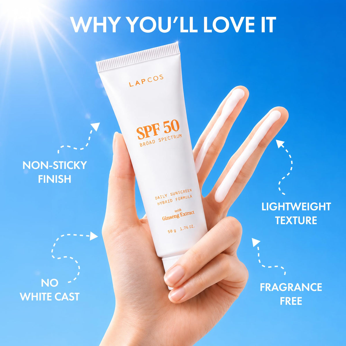 LAPCOS sunscreen spread on hand illustrating easy glide and quick absorption
