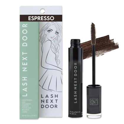 Lash Next Door front packaging showing espresso brown tube and benefit of natural definition