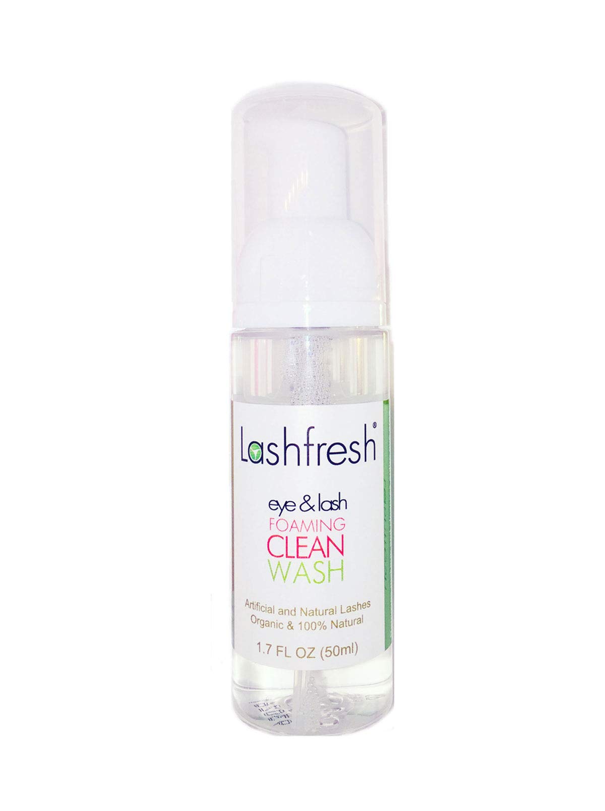 Lashfresh front packaging bottle showing organic, oil-free foaming wash benefits