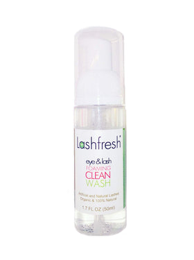 Lashfresh front packaging bottle showing organic, oil-free foaming wash benefits