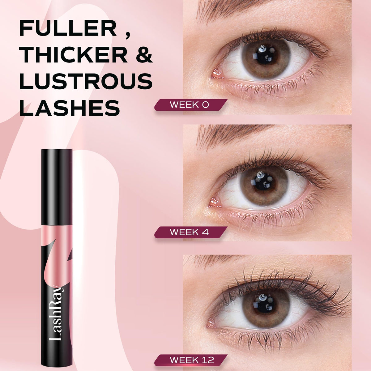 LashRay illustrative before and after lashes comparison showing fuller lashes
