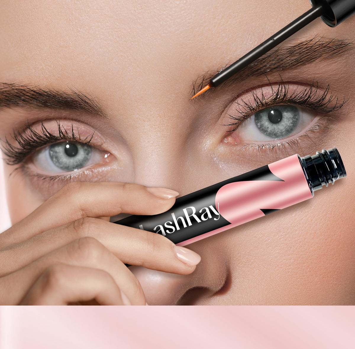 LashRay lifestyle shot of woman applying serum emphasizing easy daily use and care