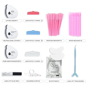 LASHVIEW kit contents laid out illustrating five treatments and included tools