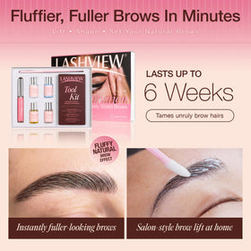 LASHVIEW serums and applicators arranged to show included tools and convenience