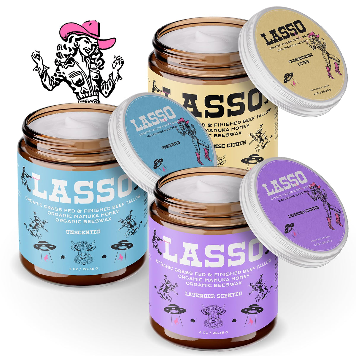 LASSO TALLOW being applied to lips and hands showing soothing benefit