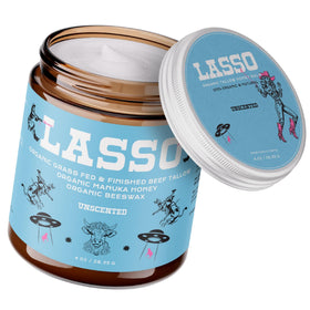 LASSO TALLOW front jar view showing label and natural packaging benefit