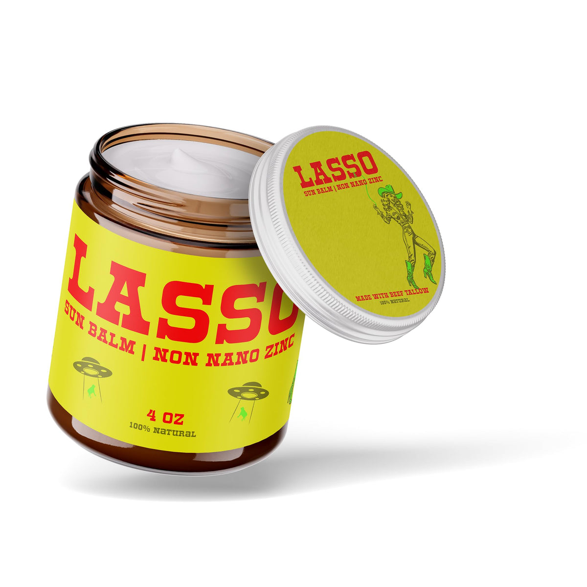 LASSO TALLOW front jar showing label and glass packaging benefit sustainable packaging