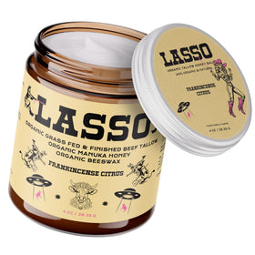 LASSO TALLOW jar front view showing balm and branding, highlights nourishing formulation