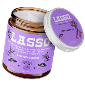 LASSO TALLOW front jar showing label and amber glass for shelf-ready display