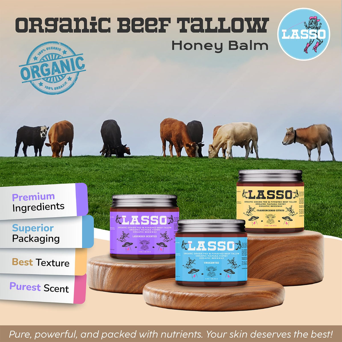 LASSO TALLOW with Manuka honey jar and spoon highlighting natural humectant