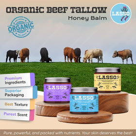 LASSO TALLOW ingredients flatlay with beeswax, honey, frankincense, and citrus, shows natural origins