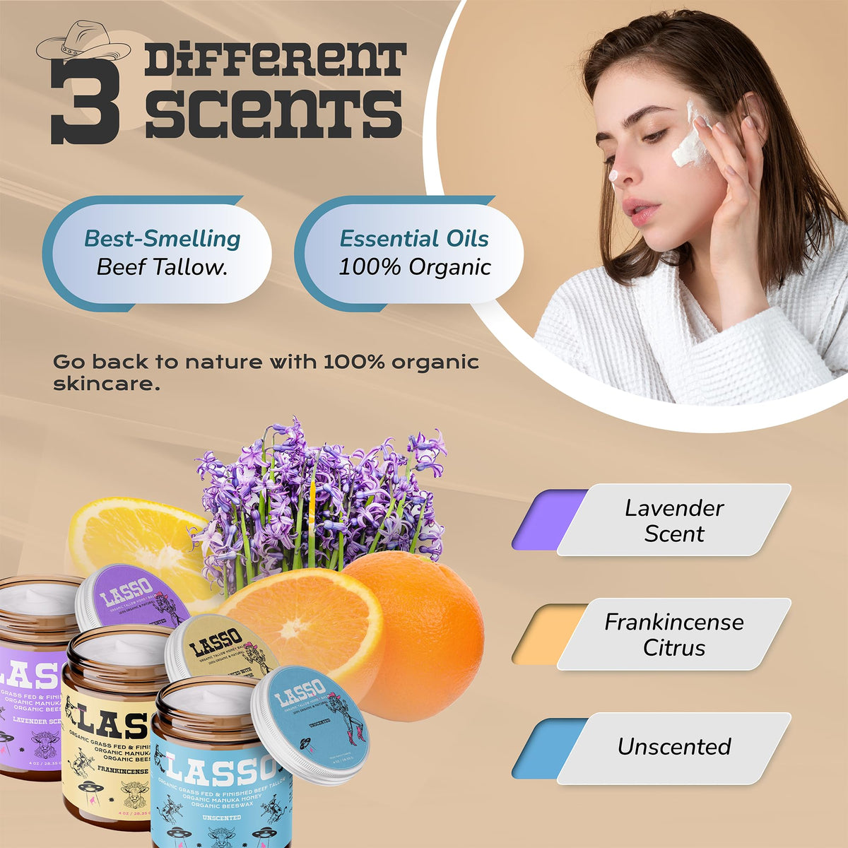 LASSO TALLOW jar on bathroom counter at night, suggests nightly moisturizing routine benefit