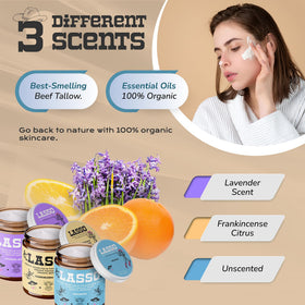 LASSO TALLOW jar on bathroom counter at night, suggests nightly moisturizing routine benefit