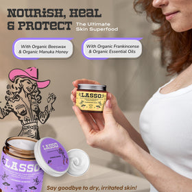 LASSO TALLOW jar beside common objects showing jar size and travel-friendly portability
