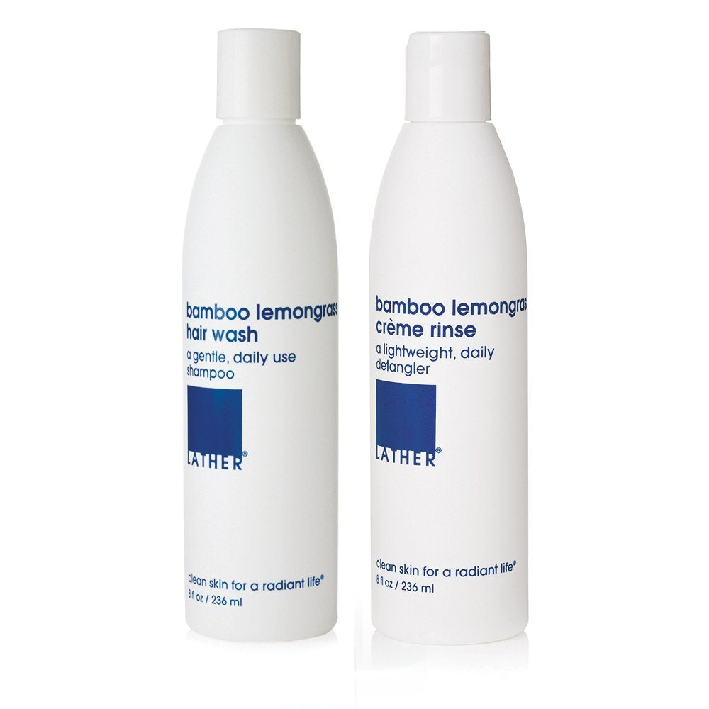 LATHER front packaging showing both 8 fl oz bottles and benefits