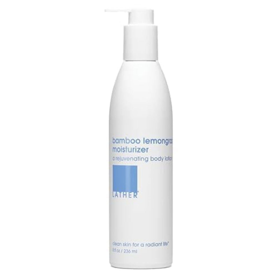LATHER front packaging showing bamboo lemongrass lotion and brand clarity