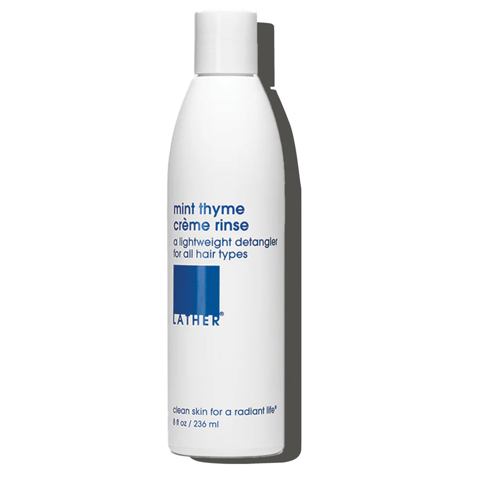LATHER front packaging of Mint Thyme Crème Rinse showing clean label and 8 fl oz size for easy identification