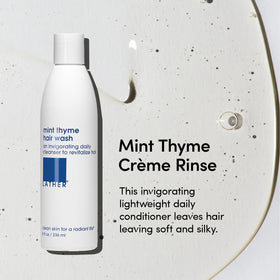 LATHER close-up of creamy Mint Thyme texture demonstrating lightweight conditioning slip for easy detangling