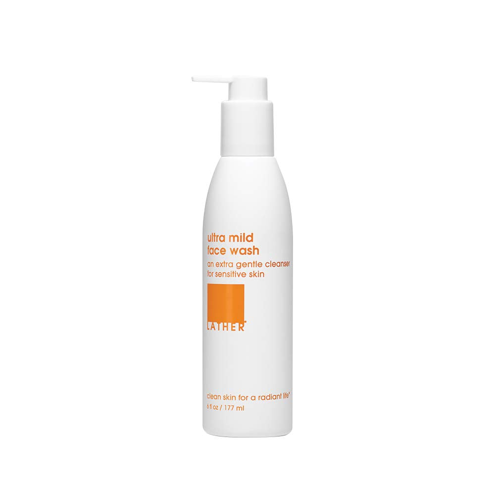 LATHER front packaging showing 6 fl oz pump and label, highlights gentle formula
